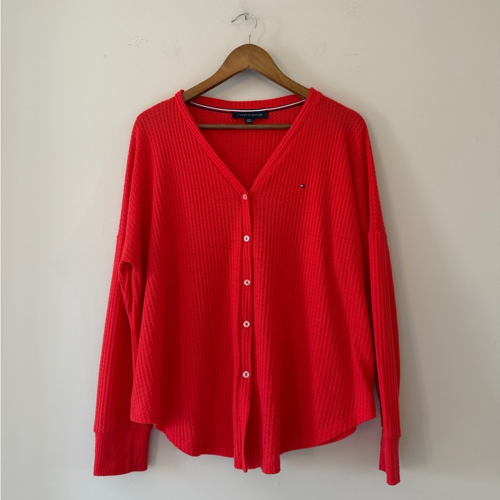 Tommy Hilfiger Women's Vibrant Red Button Down Waffle Knit Cardigan Size M